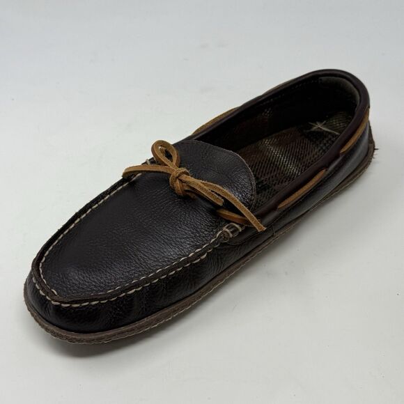 LL Bean Slippers Mens 9 M Brown Leather Flannel Lined Handsewn Moccasin Shoes - Picture 8 of 16